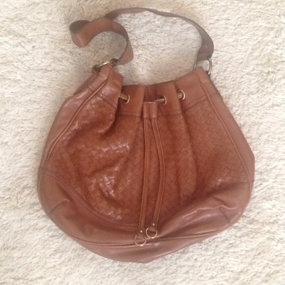 VINTAGE 80s Brown Woven Faux Leather Drawstring Purse
